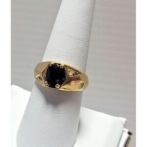 Vintage Gio Lind Yellow 24KT HGE Oval Garnet Diamond Accent Signet 8 Statement